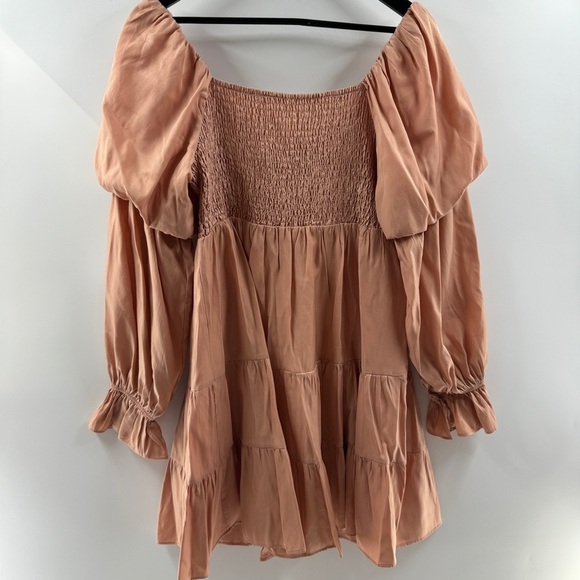 Peach Smocked Puff Sleeve A-Line Dress Convertible Neckline Size Large - Picture 6 of 7